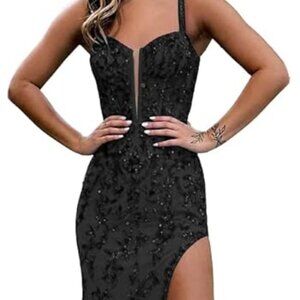 Women's Sequin Long Dress with Slit Tulle Sheath